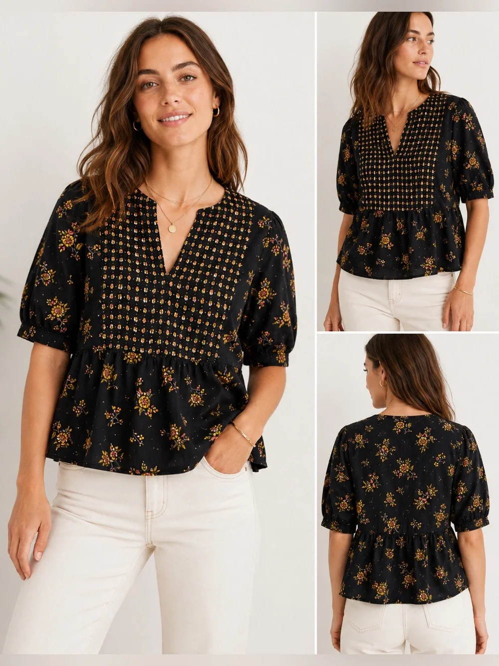 Madewell Black Floral Smocked V-Neck Peplum Top
